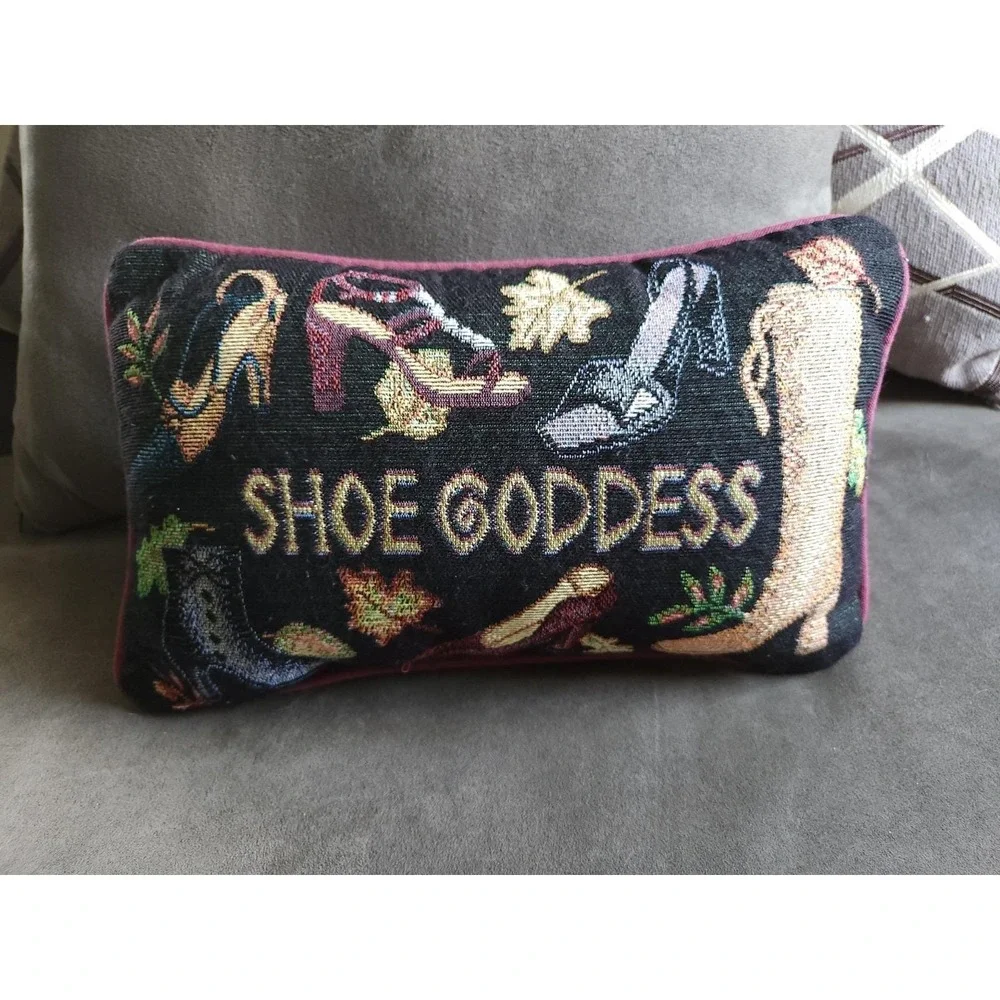 Vintage Shoe Goddess Tapestry Needlepoint Style Throw Pillow Gold Sparkle 12x8